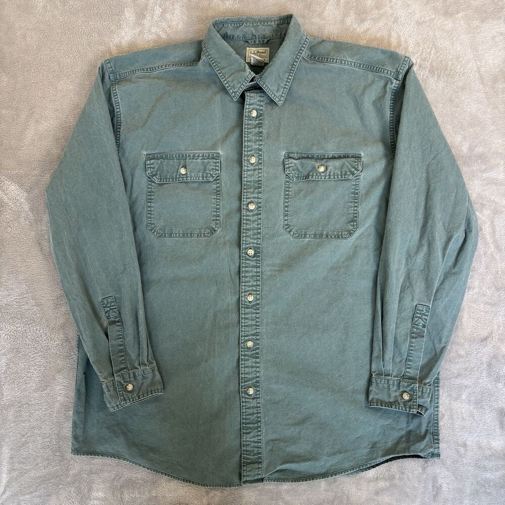 LL Bean VTG Heavyweight Denim Shirt Mens XLT Light Wash Long Sleeve Button Down